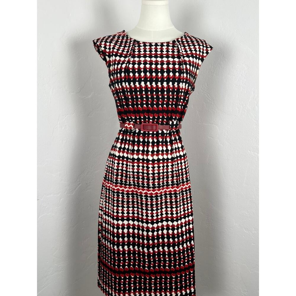 RETRO-STYLE  RED WHITE AND BLACK MIDI KNIT DRESS  (Women Size: 6)